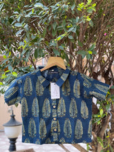 Load image into Gallery viewer, Leaf Print Ajrakh Crop Shirt | Navy Blue