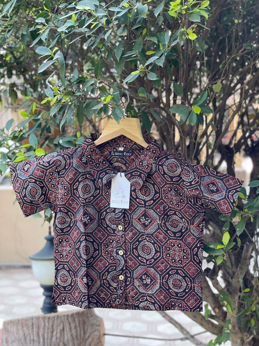 Women's Ajrakh Print Crop Shirt | Black & Red
