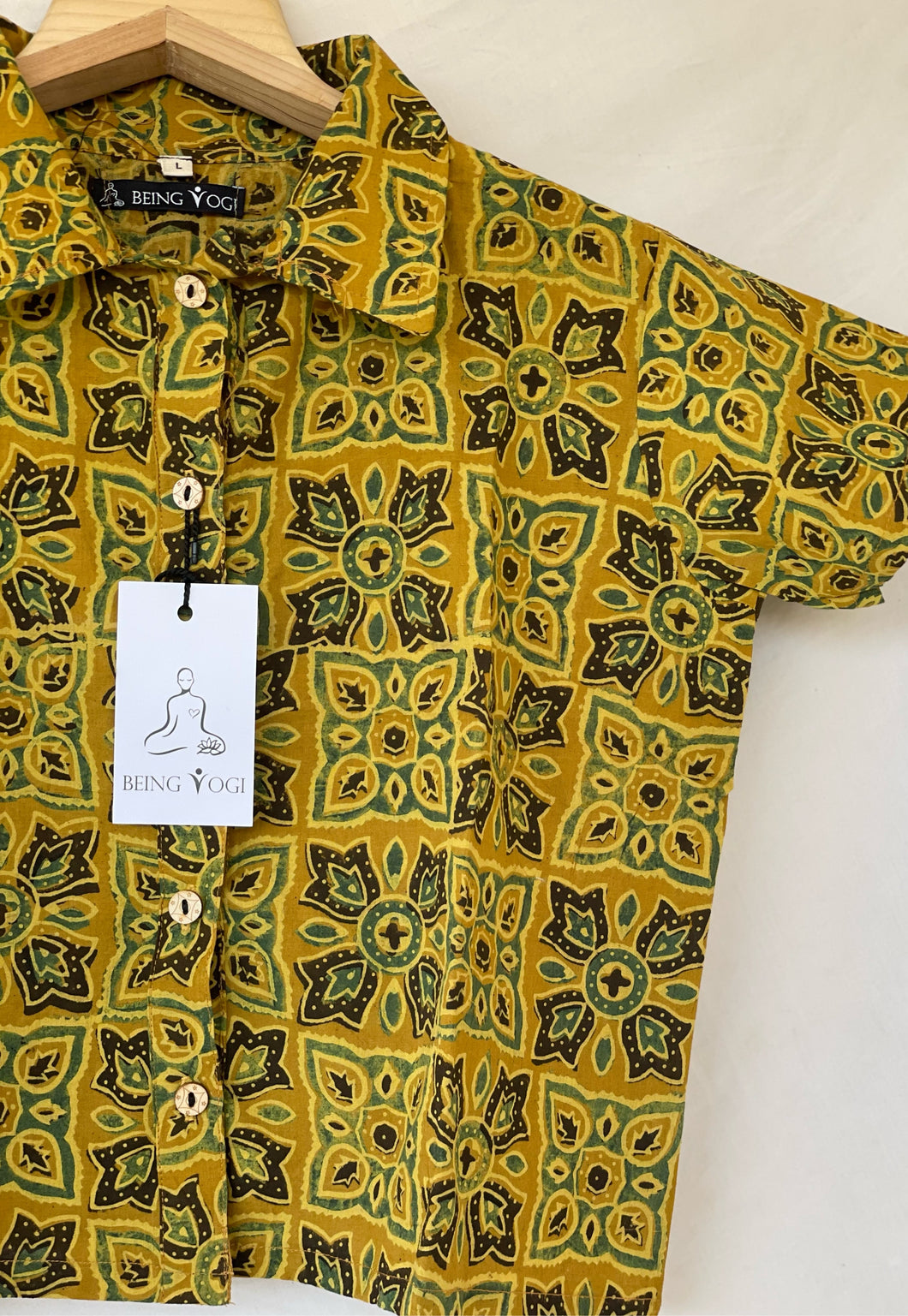 Leaf Print Ajrakh Crop Shirt | Yellow